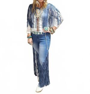 NEW A RARE BIRD women's denim fringe collar jeans in blue